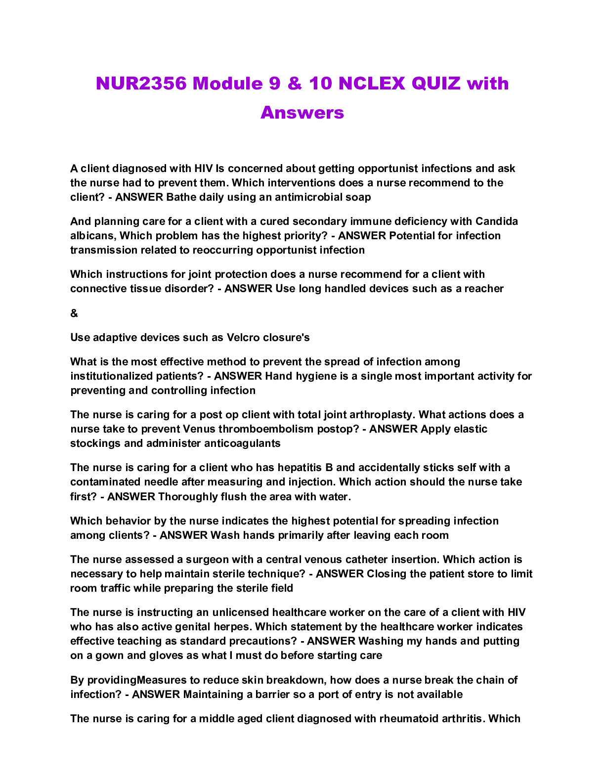 Preview image for NUR2356 Module 9 & 10 NCLEX QUIZ with Answers